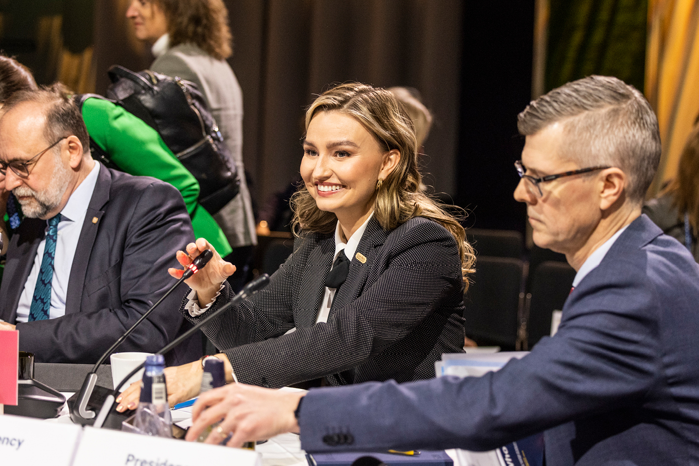 Minister for Energy, Business and Industry Ebba Busch leading discussions at the meeting of tele­communications, transport, energy ministers in Stockholm in February 2023.